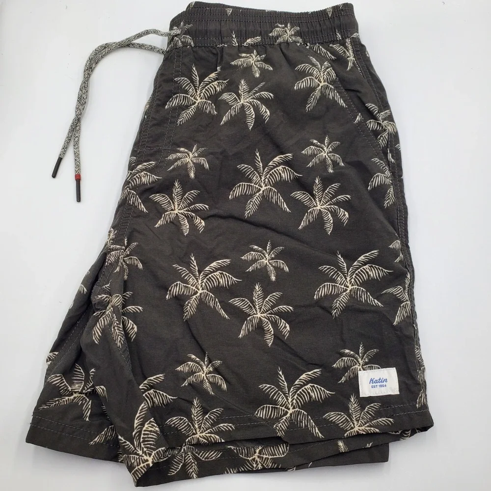 Katin Mens Palm Tree Print Board Shorts Black Swim Trunks‎ Small 100% Nylon
